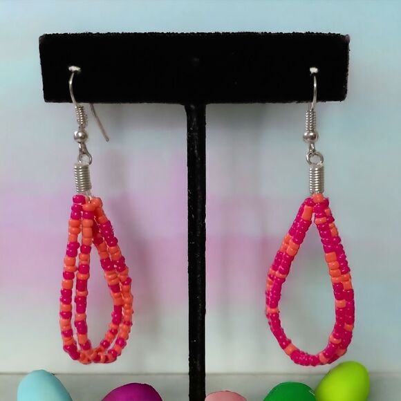 Seed Bead TearDrop Earrings Pink Coral Silver Tone Summer Festival Dangle Spring - Picture 16 of 16